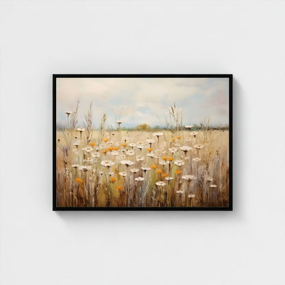 Neutral Daisy Field Framed Wall Art Canvas Print – Soft Wildflower Meadow Artwork for Rustic Farmhouse