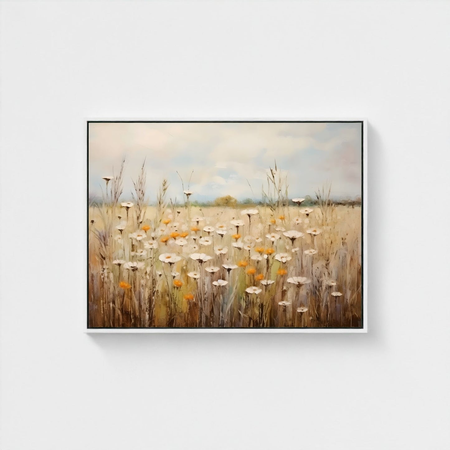 Neutral Daisy Field Framed Wall Art Canvas Print – Soft Wildflower Meadow Artwork for Rustic Farmhouse
