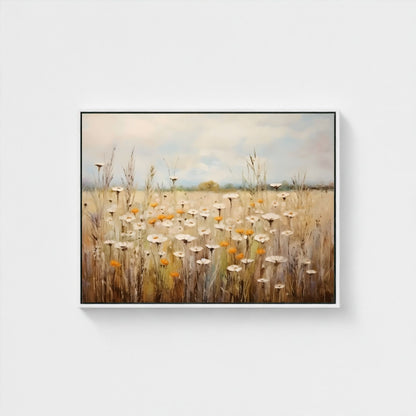 Neutral Daisy Field Framed Wall Art Canvas Print – Soft Wildflower Meadow Artwork for Rustic Farmhouse