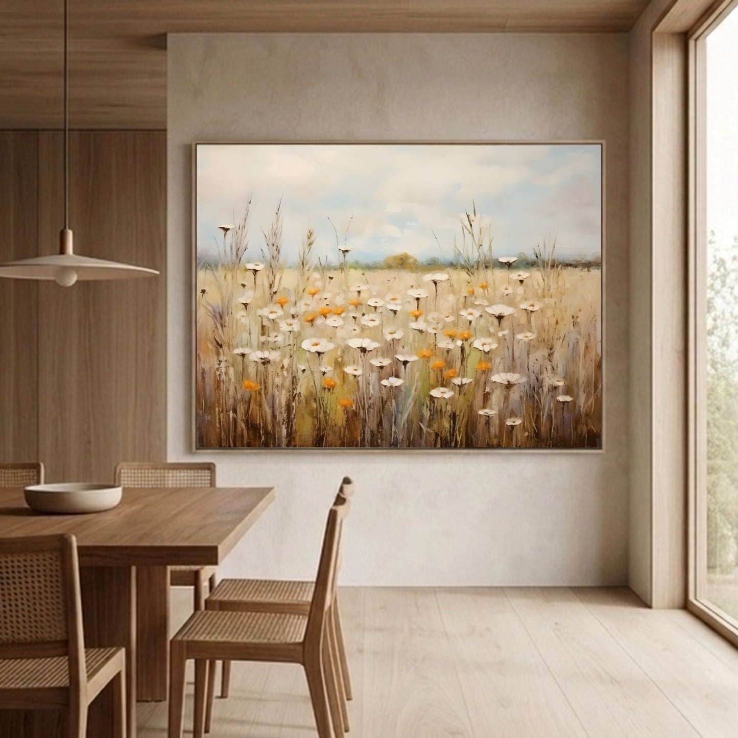 Neutral Daisy Field Framed Wall Art Canvas Print – Soft Wildflower Meadow Artwork for Rustic Farmhouse
