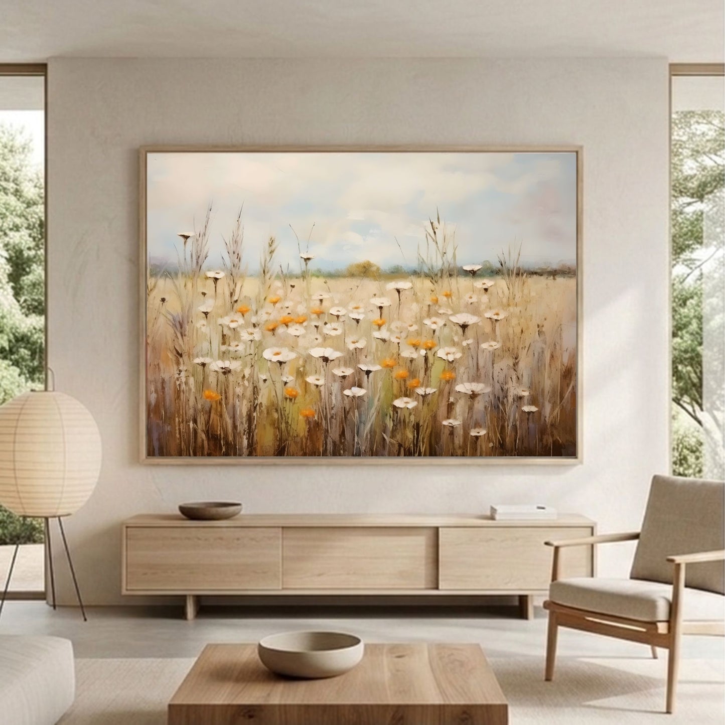 Neutral Daisy Field Framed Wall Art Canvas Print – Soft Wildflower Meadow Artwork for Rustic Farmhouse