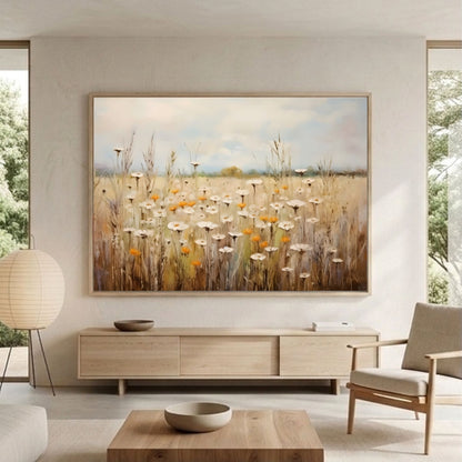 Neutral Daisy Field Framed Wall Art Canvas Print – Soft Wildflower Meadow Artwork for Rustic Farmhouse