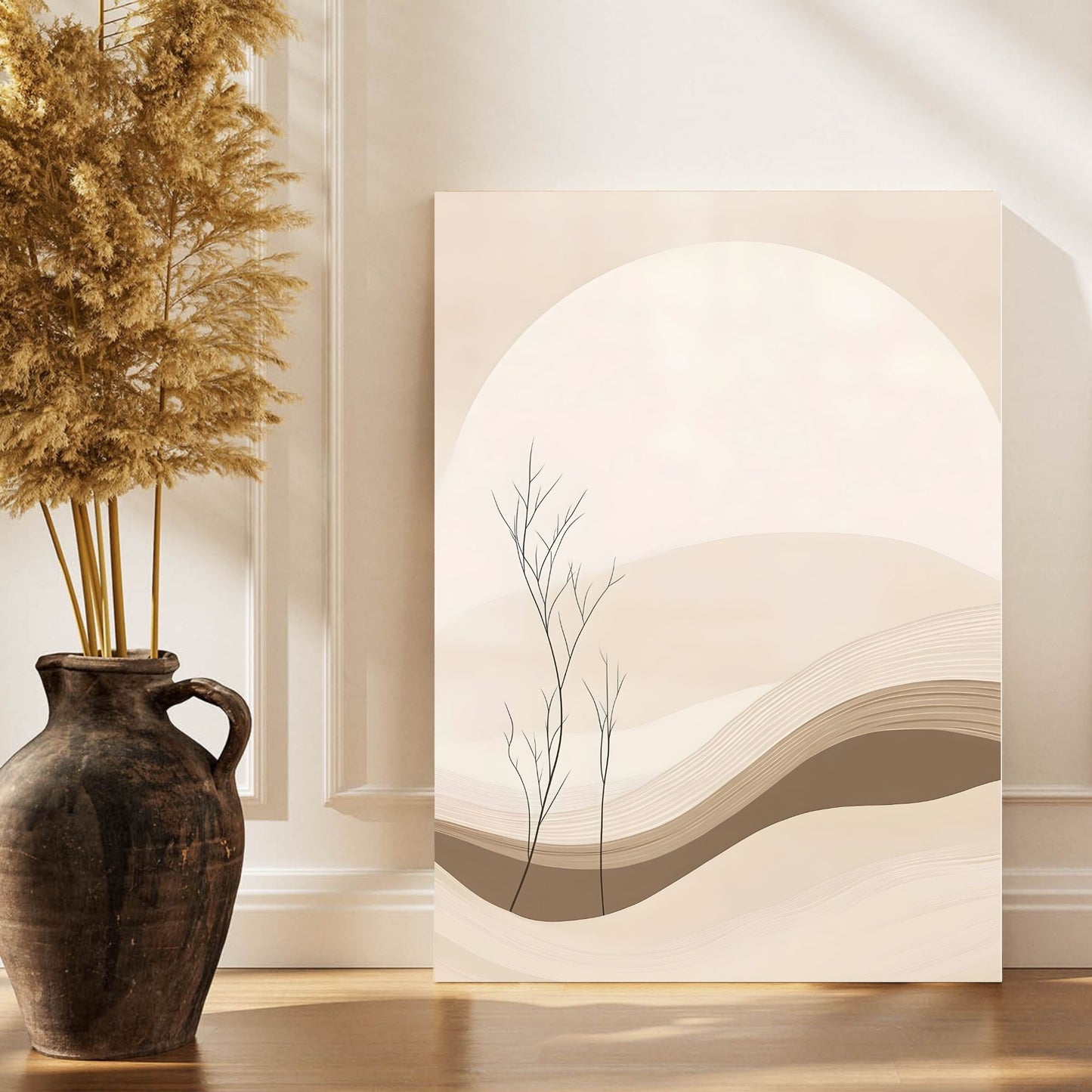 Neutral Desert Landscape Framed Wall Art Canvas Print – Minimalist Beige Mountain Abstract Canvas Artwork