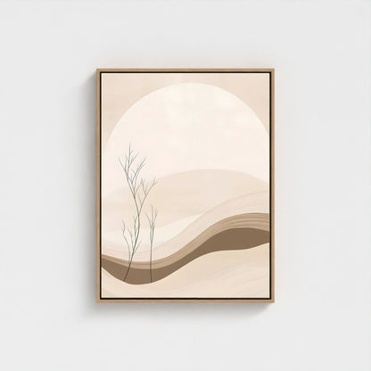 Framed abstract art with wavy lines and a tree silhouette on a beige background