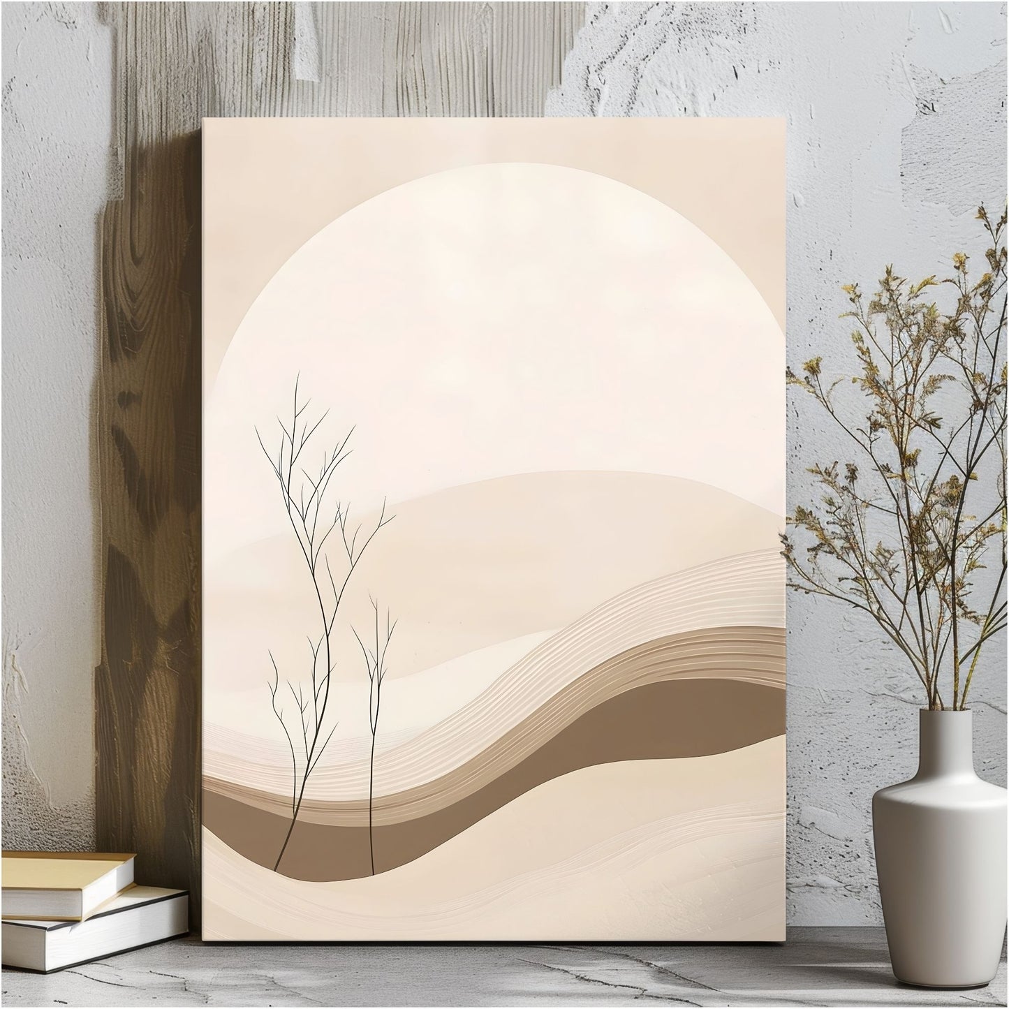 Neutral Desert Landscape Framed Wall Art Canvas Print – Minimalist Beige Mountain Abstract Canvas Artwork