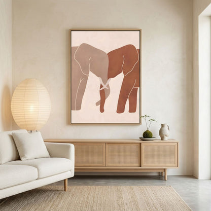 Neutral Elephant Line Art Framed Wall Art Canvas Print – Minimalist Safari Animal Painting