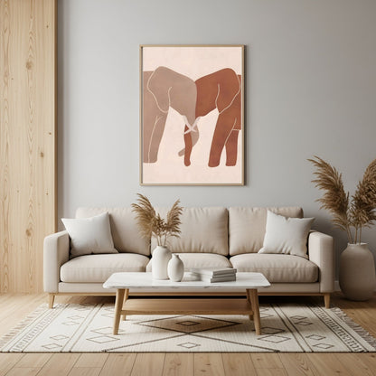 Neutral Elephant Line Art Framed Wall Art Canvas Print – Minimalist Safari Animal Painting