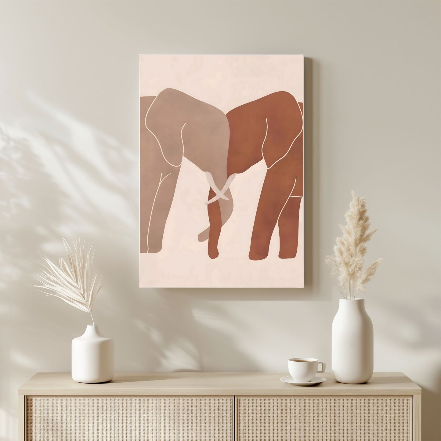 Neutral Elephant Line Art Framed Wall Art Canvas Print – Minimalist Safari Animal Painting