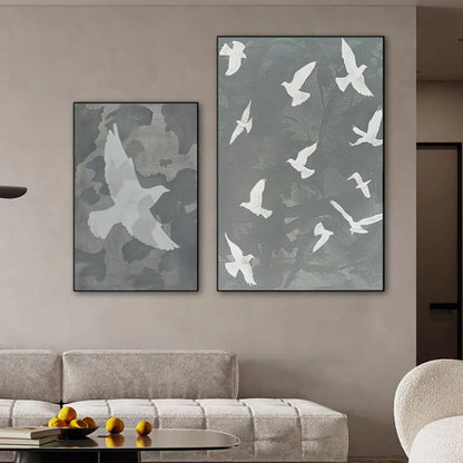 Neutral Tones Birds Grey Canvas Print Japandi Zen Living Room Wall Art