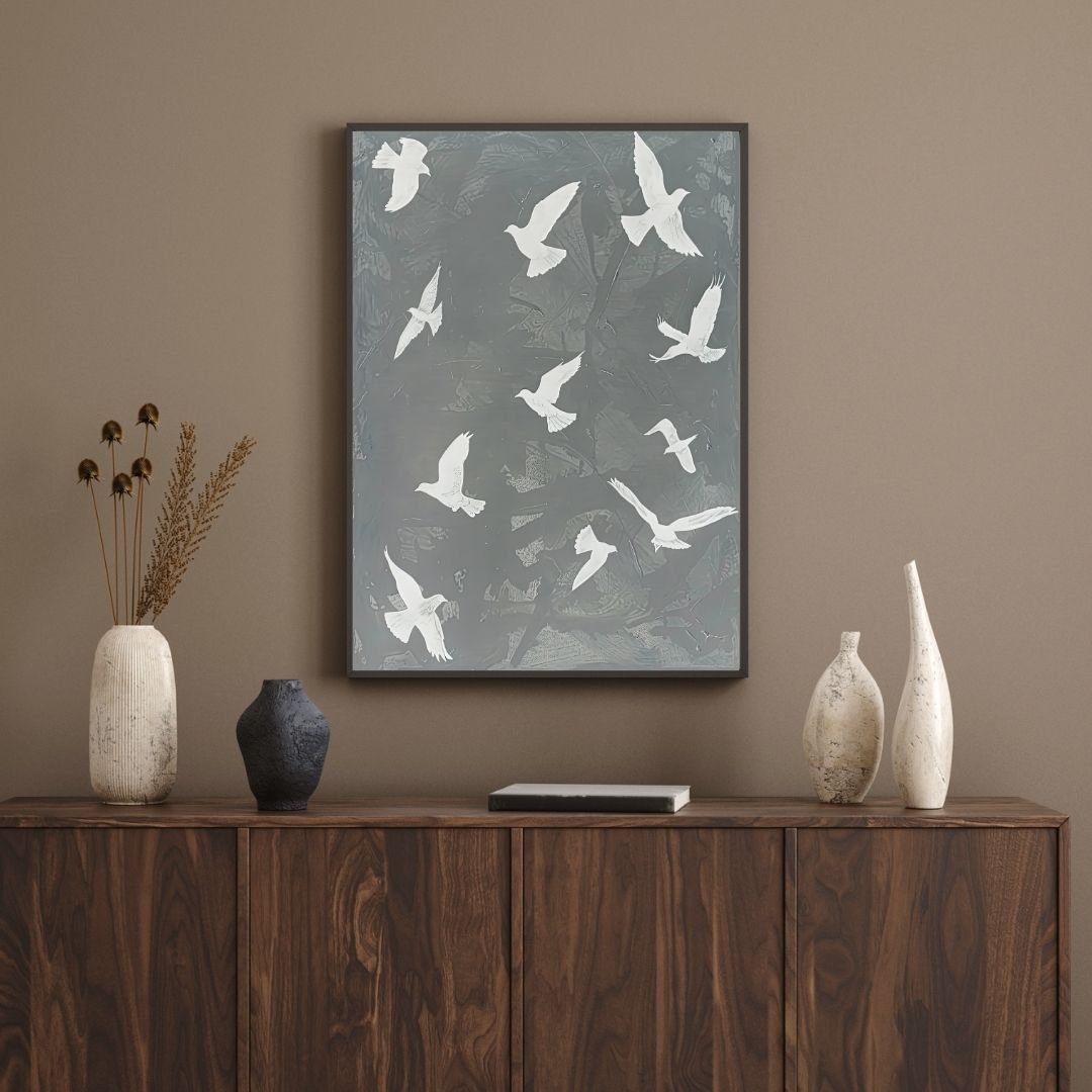 Neutral Tones Birds Grey Canvas Print Japandi Zen Living Room Wall Art