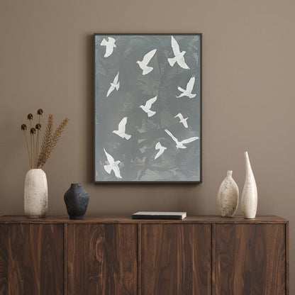 Neutral Tones Birds Grey Canvas Print Japandi Zen Living Room Wall Art