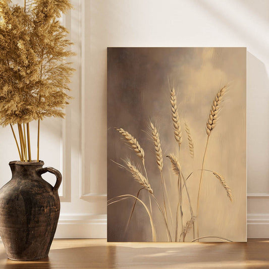 Neutral Wheat Framed Wall Art – Rustic Beige Botanical Farmhouse Canvas Print