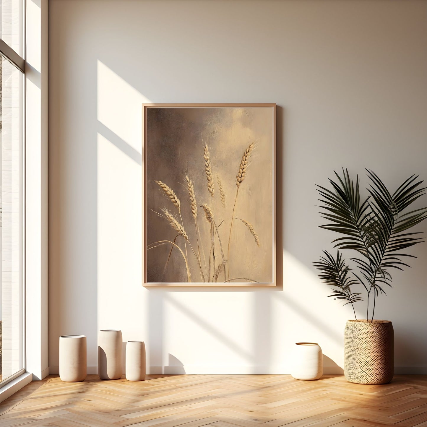 Neutral Wheat Framed Wall Art – Rustic Beige Botanical Farmhouse Canvas Print