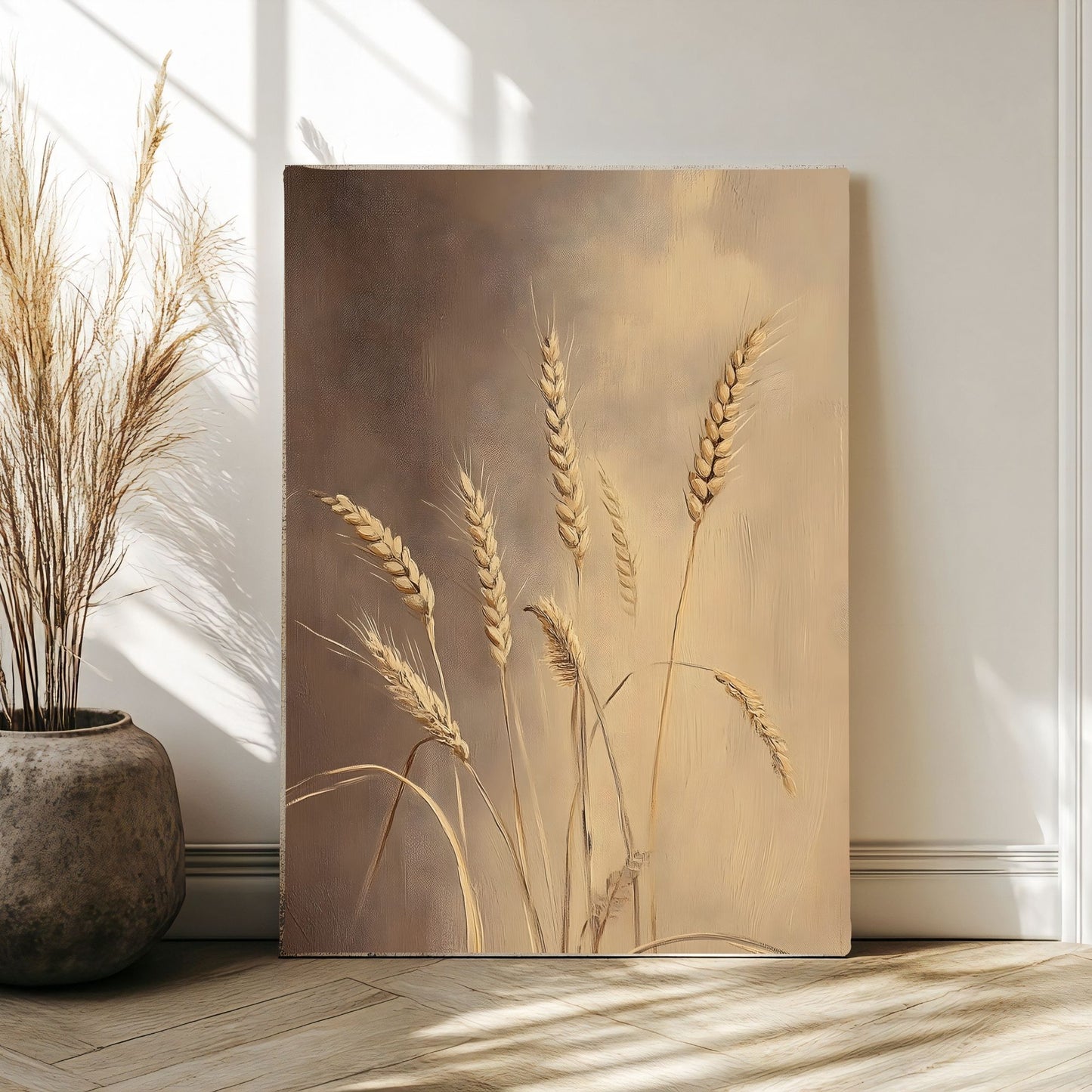 Neutral Wheat Framed Wall Art – Rustic Beige Botanical Farmhouse Canvas Print