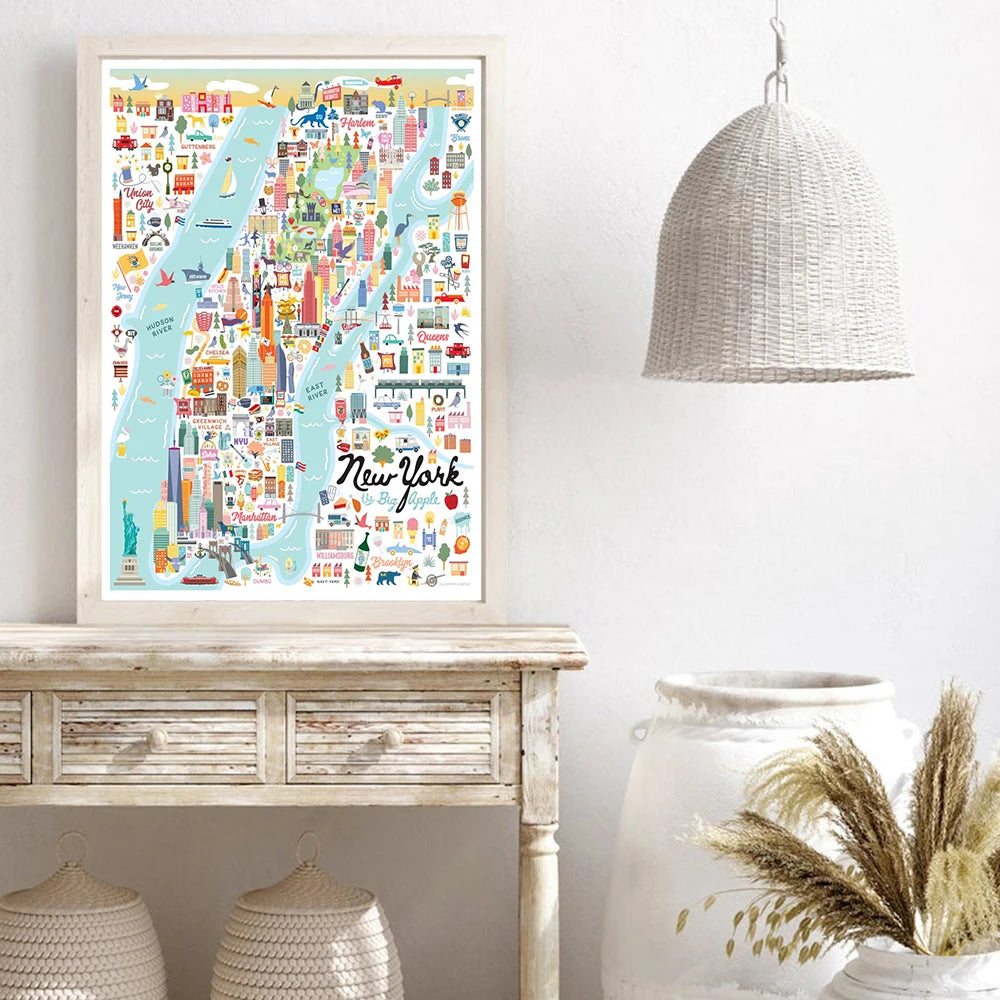 New York Manhattan City Map Wall Art Canvas Print For Office Décor