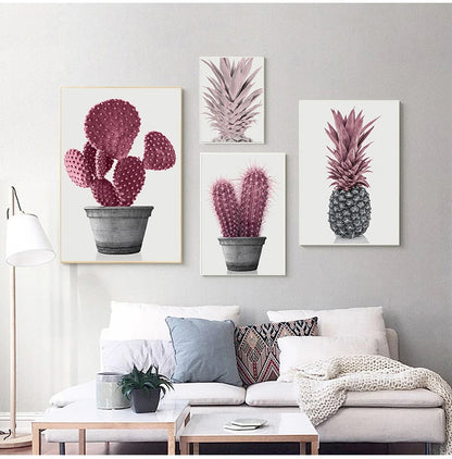 Nordic Minimalist Pink Pineapple Cactus Canvas Print Wall Art For Modern Living Room Dining Room Kitchen Wall Décor