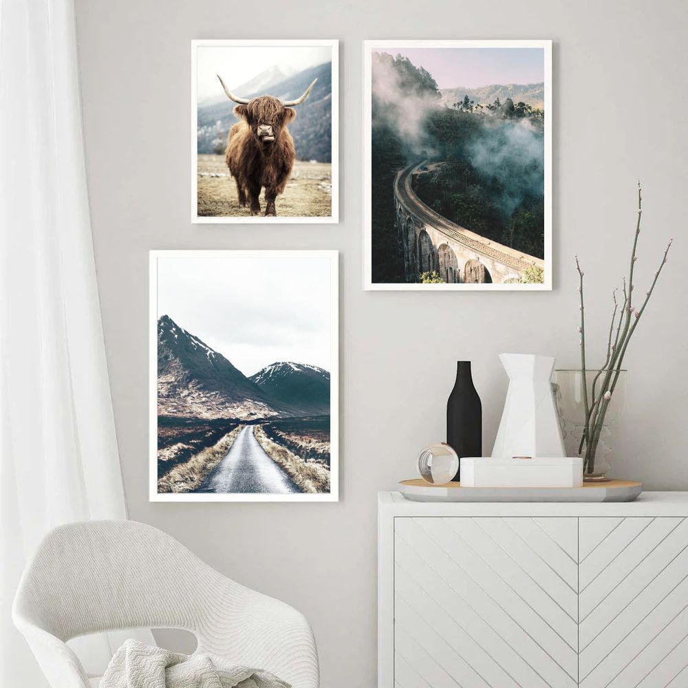 Nordic Hills Landscape Highland Cattle Canvas Prints Gallery Wall Art Set Of 3 Posters For Modern Scandinavian Living Room Wall Decor