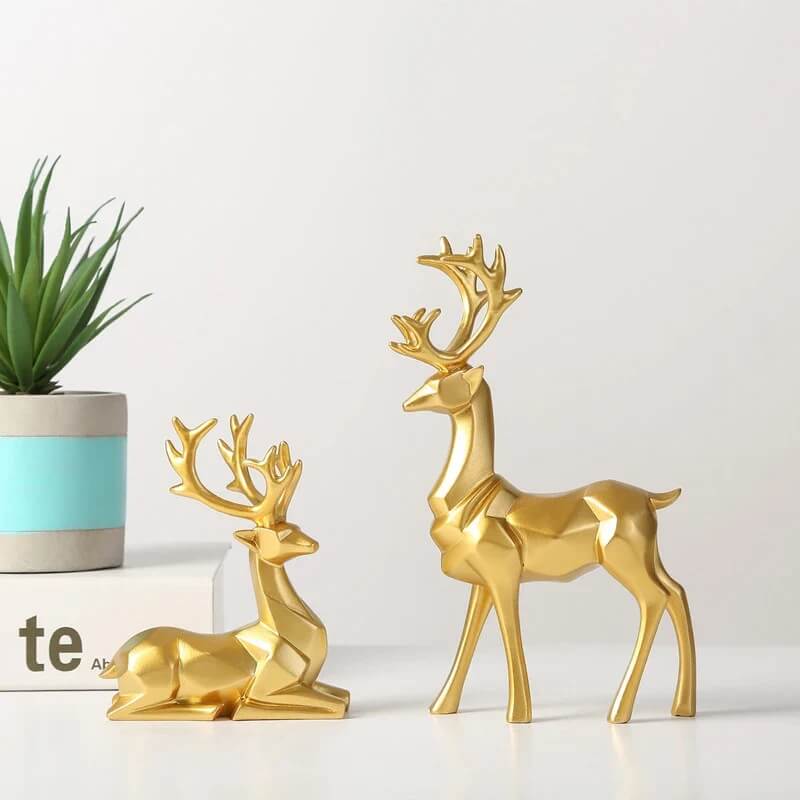 Nordic Golden Silver Geometric Reindeer Figurines Auspicious Resin Statues Sculptures For Living Room Coffee Table Mantelpiece Scandinavian Home Decorations