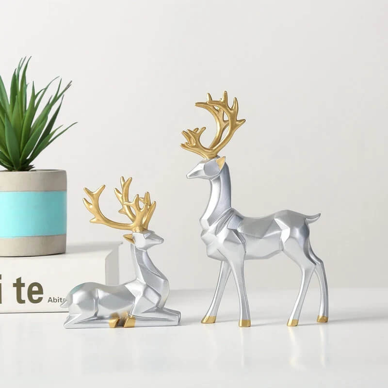 Nordic Golden Silver Geometric Reindeer Figurines Auspicious Resin Statues Sculptures For Living Room Coffee Table Mantelpiece Scandinavian Home Decorations