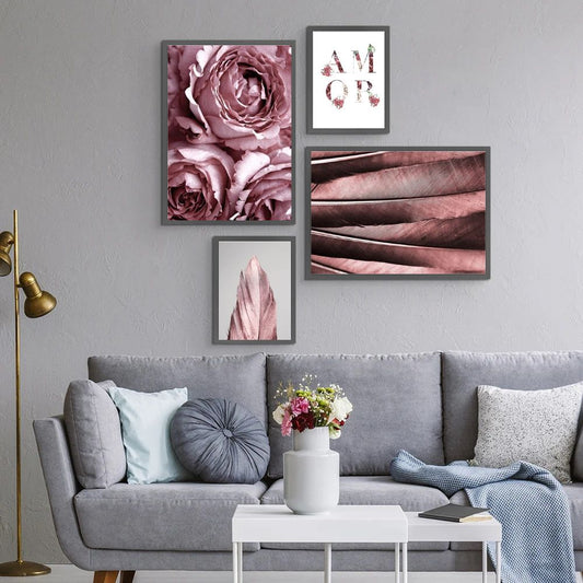 Pink Roses Feather Nordic Canvas Prints Gallery Wall Art Set Of 4 Posters For Modern Living Room Girl Room Wall Decor