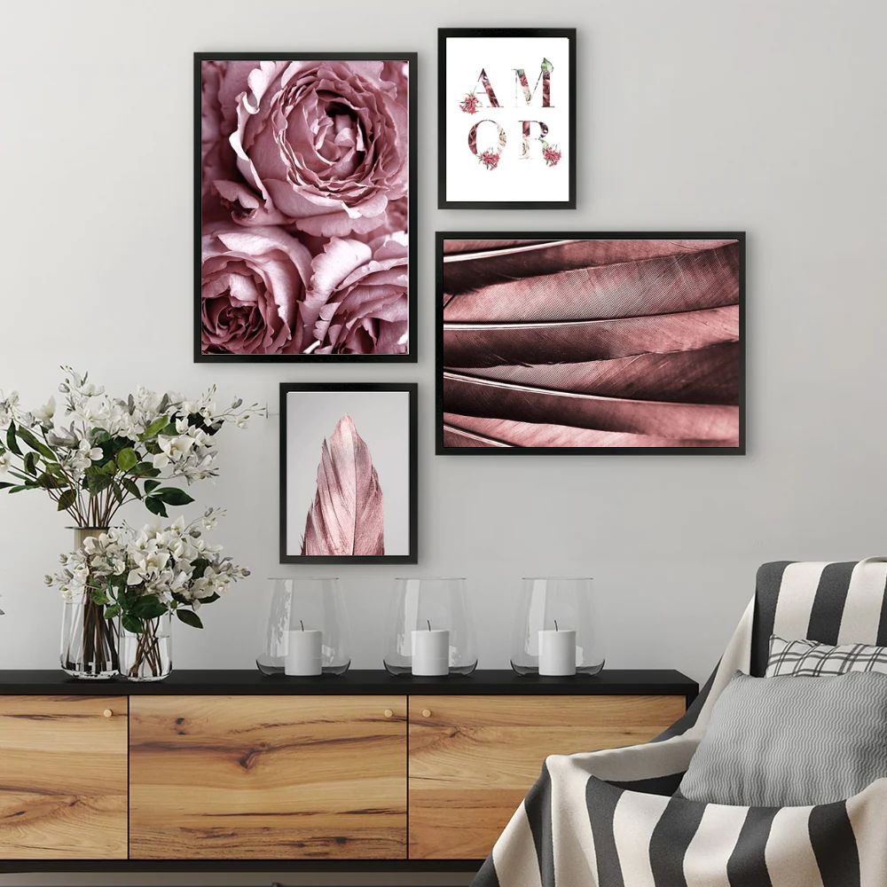 Pink Roses Feather Nordic Canvas Prints Gallery Wall Art Set Of 4 Posters For Modern Living Room Girl Room Wall Decor