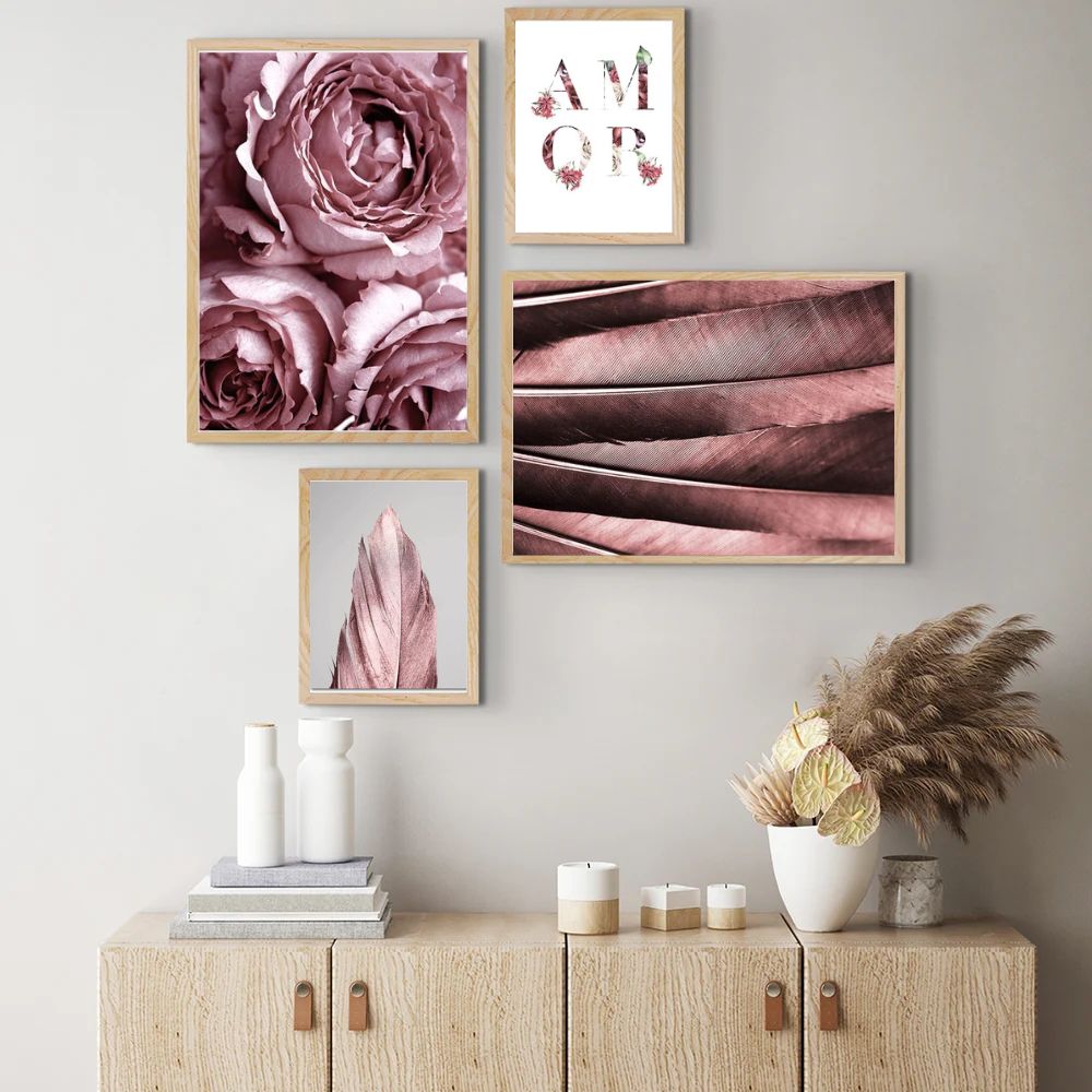 Pink Roses Feather Nordic Canvas Prints Gallery Wall Art Set Of 4 Posters For Modern Living Room Girl Room Wall Decor