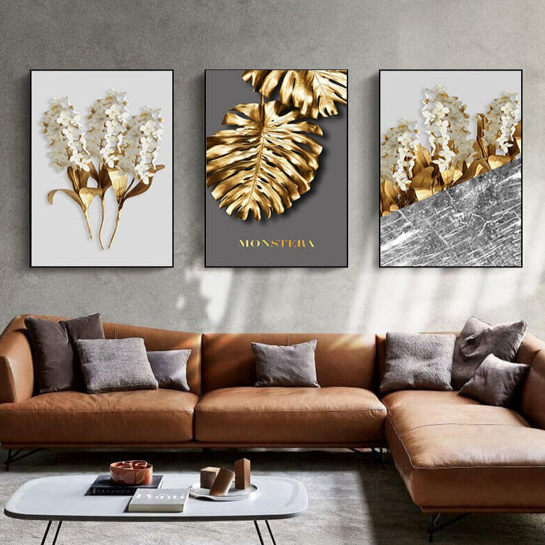 Golden Leaves Abstract Tropical Canvas Prints Botanical Large Wall Art Big Pictures For Luxury Living Room Dining Room Modern Home Wall Décor