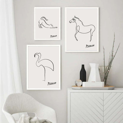 Pablo Picasso Cat Dog Flamingo Horse Owl Sketch Line Drawing Wall Art Canvas Prints For Modern Minimalist Living Room Bedroom Wall Decor