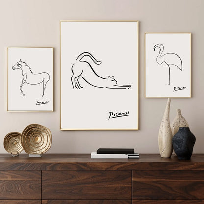 Pablo Picasso Cat Dog Flamingo Horse Owl Sketch Line Drawing Wall Art Canvas Prints For Modern Minimalist Living Room Bedroom Wall Decor