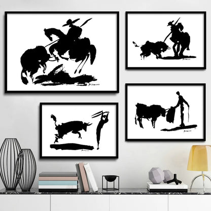 Black ink drawing of a bullfighter on horseback engaging with a bull