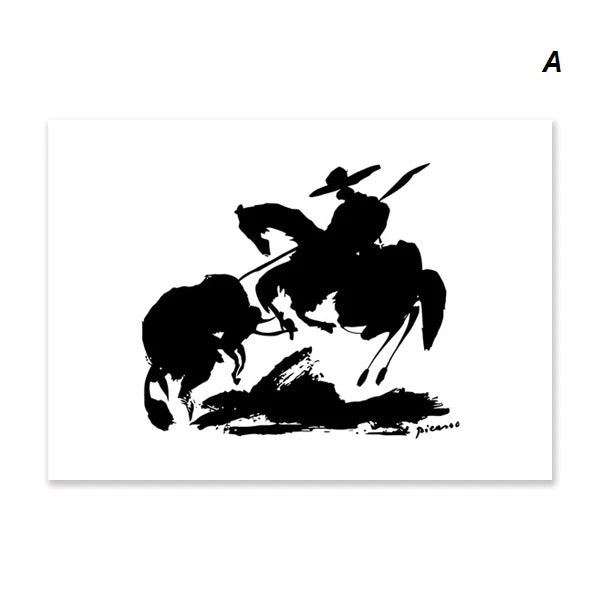 Black ink drawing of a bullfighter on horseback engaging with a bull, signed "Picasso" in the bottom right corner