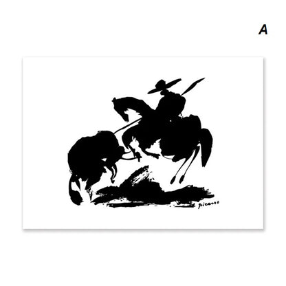 Black ink drawing of a bullfighter on horseback engaging with a bull, signed "Picasso" in the bottom right corner