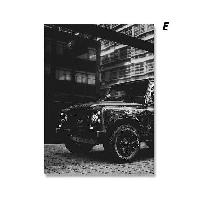 Poster of  Black and white image of a Land Rover Defender in an urban setting