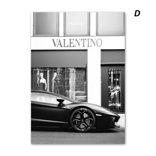 Poster of  Valentino store with a black sports car in front