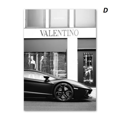 Poster of  Valentino store with a black sports car in front
