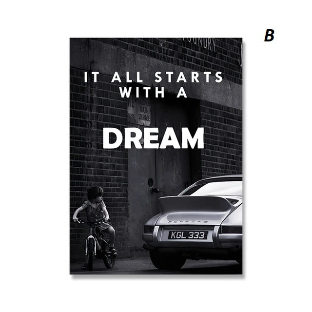 Black and white photo of a child on a bike with a car, featuring the text 'It all starts with a dream'.