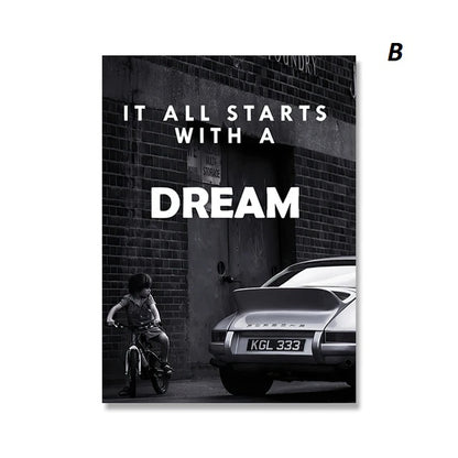 Black and white photo of a child on a bike with a car, featuring the text 'It all starts with a dream'.