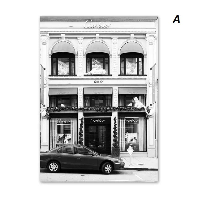 Poster of Black and white photo of a Cartier store front with a car parked in front