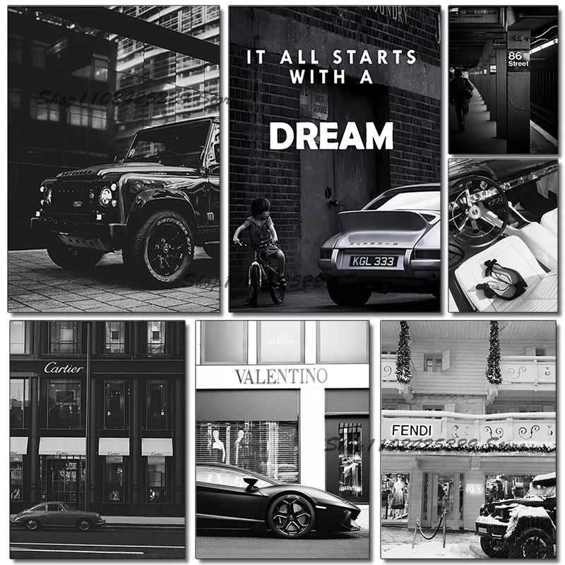 Paris Champs-Élysées Wall Art Luxury Black Car Street Scene Canvas Prints for Office Lounge Entryway Decor