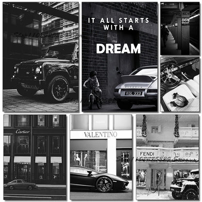 Paris Champs-Élysées Wall Art Luxury Black Car Street Scene Canvas Prints for Office Lounge Entryway Decor