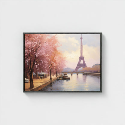 Paris Eiffel Tower Spring Cherry Blossoms Framed Wall Art Canvas Print - Romantic Cityscape Large Artwork