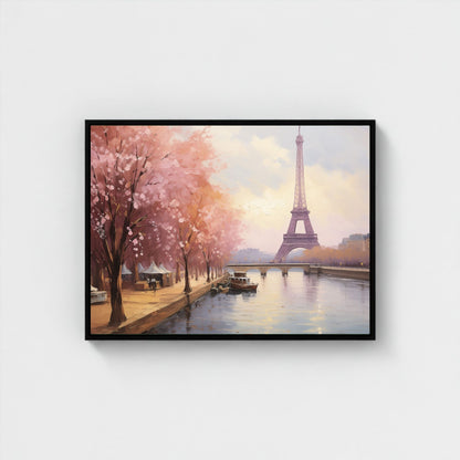 Paris Eiffel Tower Spring Cherry Blossoms Framed Wall Art Canvas Print - Romantic Cityscape Large Artwork