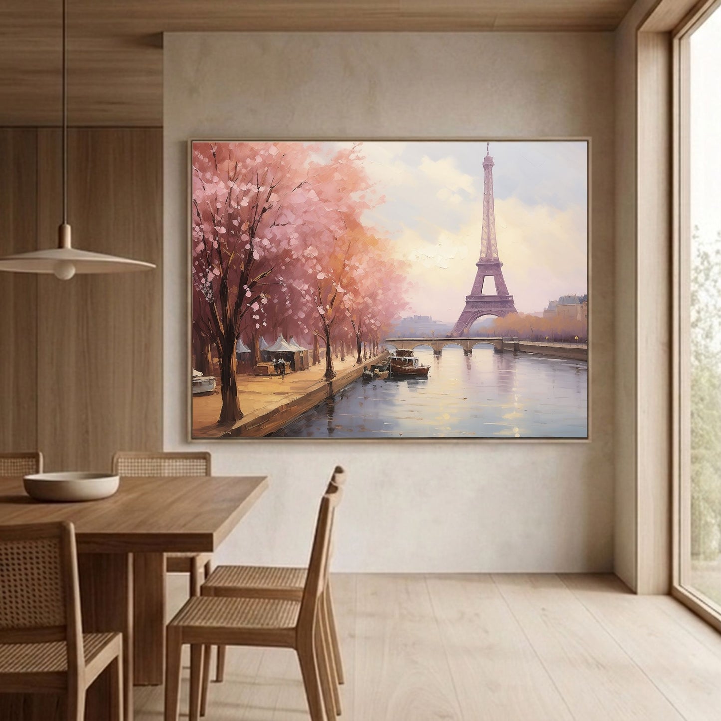 Paris Eiffel Tower Spring Cherry Blossoms Framed Wall Art Canvas Print - Romantic Cityscape Large Artwork