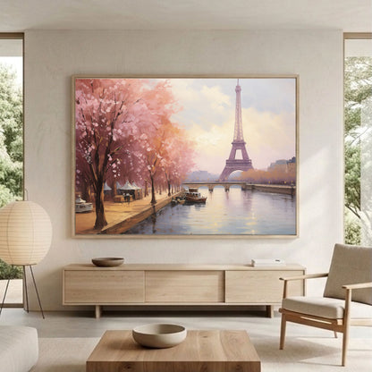 Paris Eiffel Tower Spring Cherry Blossoms Framed Wall Art Canvas Print - Romantic Cityscape Large Artwork