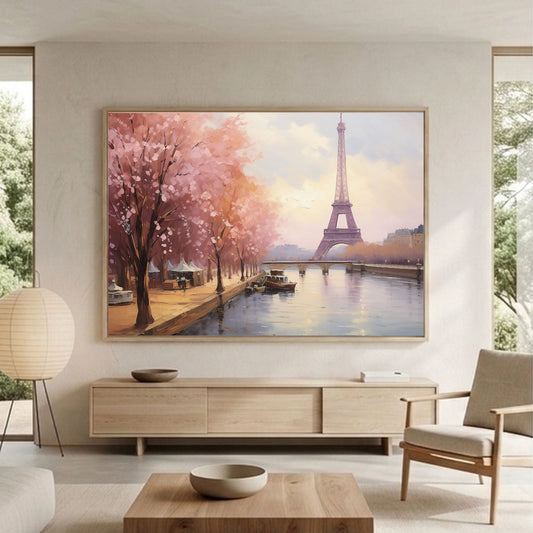 Paris Eiffel Tower Spring Cherry Blossoms Framed Wall Art Canvas Print - Romantic Cityscape Large Artwork