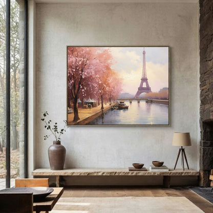 Paris Eiffel Tower Spring Cherry Blossoms Framed Wall Art Canvas Print - Romantic Cityscape Large Artwork