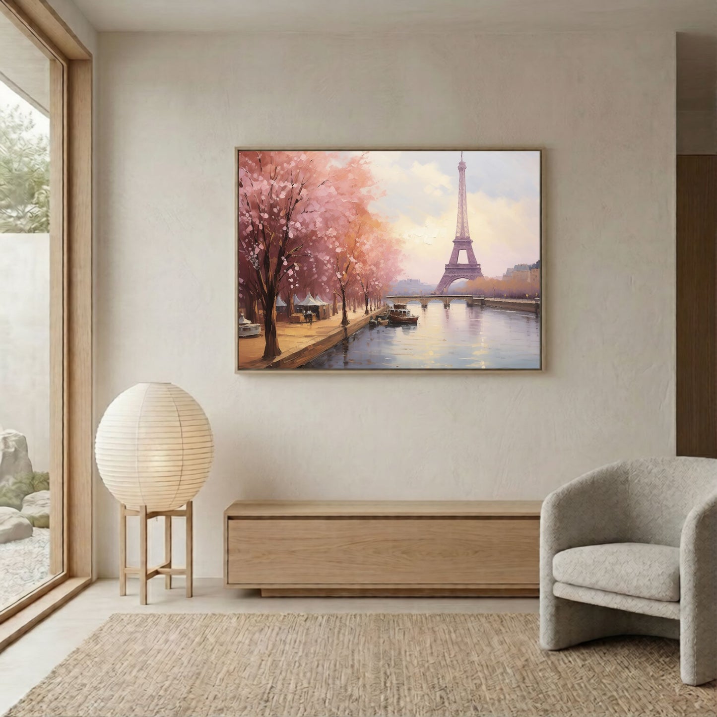 Paris Eiffel Tower Spring Cherry Blossoms Framed Wall Art Canvas Print - Romantic Cityscape Large Artwork