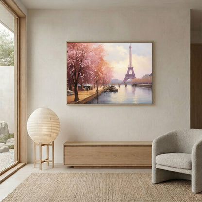 Paris Eiffel Tower Spring Cherry Blossoms Framed Wall Art Canvas Print - Romantic Cityscape Large Artwork