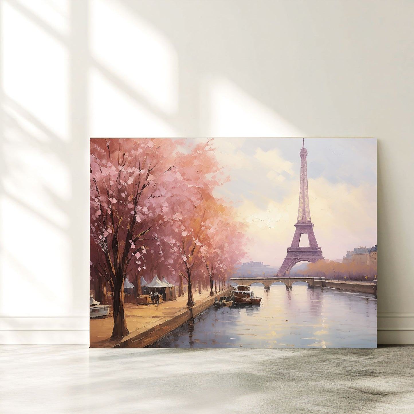 Paris Eiffel Tower Spring Cherry Blossoms Framed Wall Art Canvas Print - Romantic Cityscape Large Artwork
