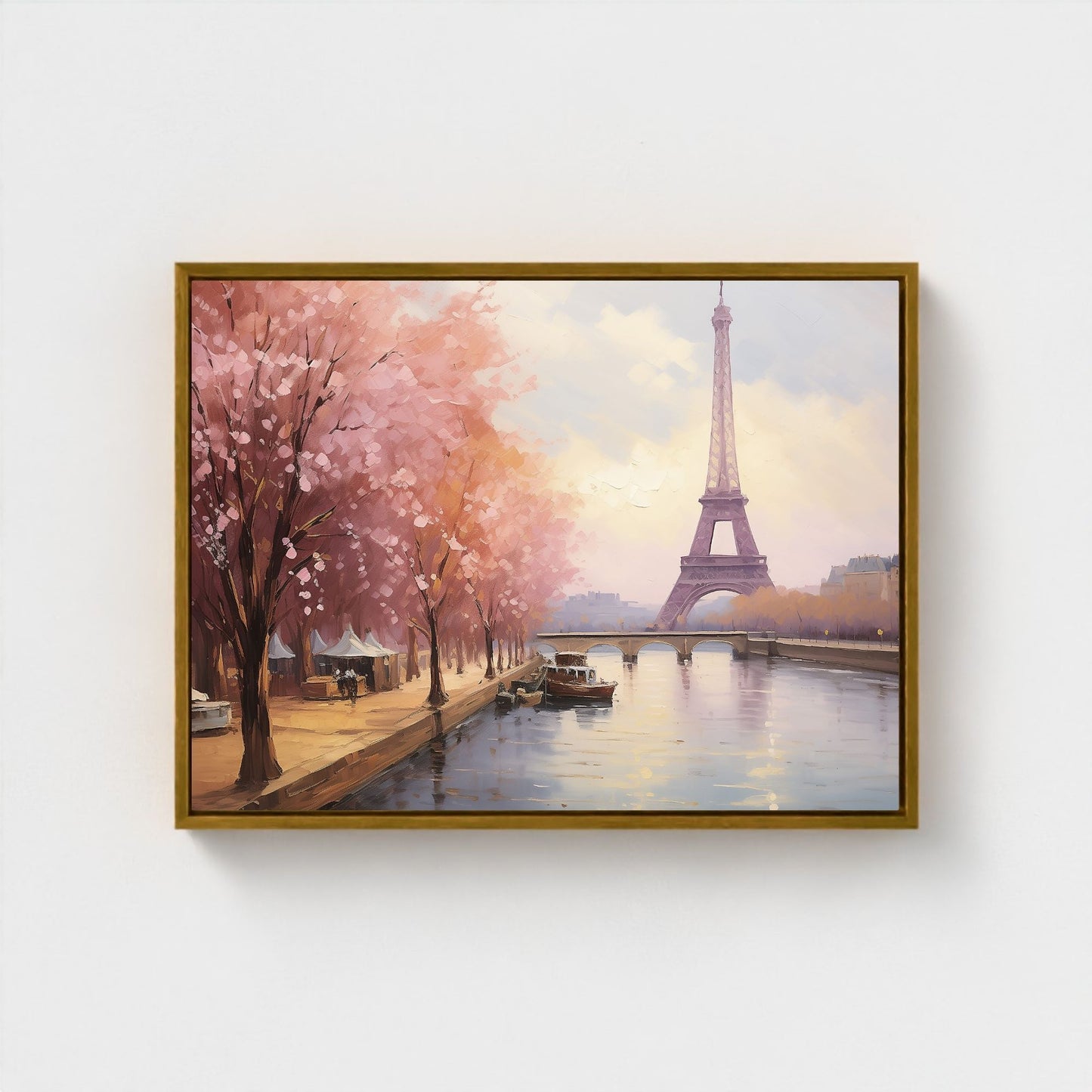 Paris Eiffel Tower Spring Cherry Blossoms Framed Wall Art Canvas Print - Romantic Cityscape Large Artwork